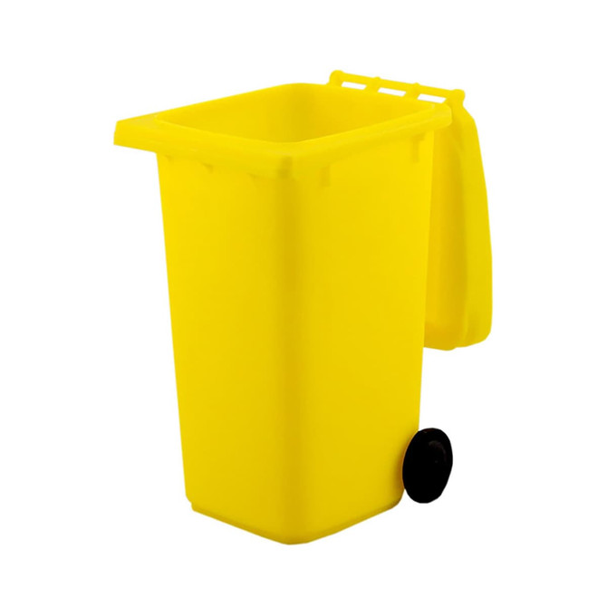 A yellow wheelie bin pen holder featuring a black wheel and a hinged lid. It has a simple, sleek design.
