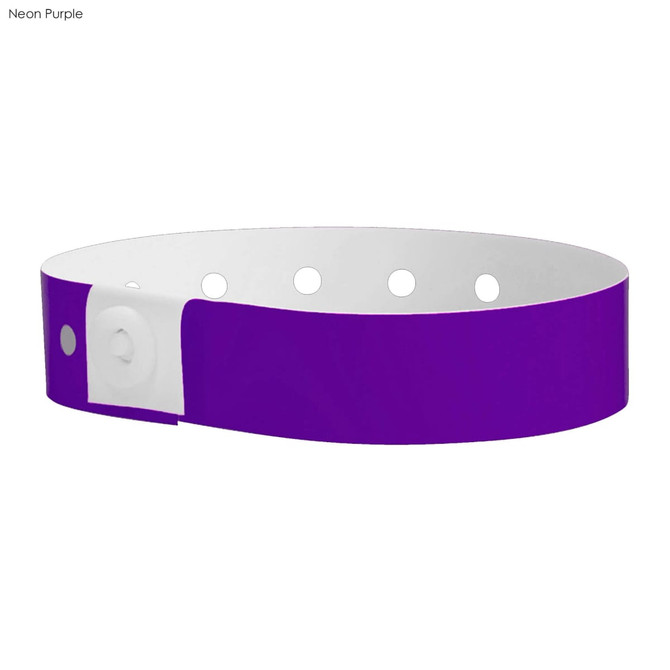 A neon purple vinyl wristband with a white interior and holes for adjustment. It features a fastening button and branding.