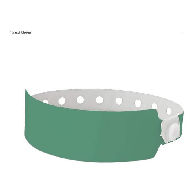 A forest green plastic wristband with white perforations and a secure fastening. The band features a logo.