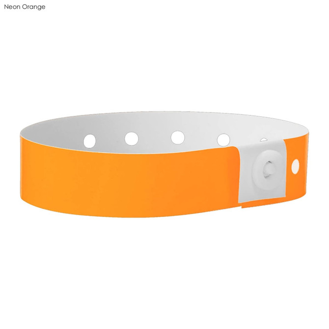 A neon orange plastic wristband with a white fastening, featuring several holes for adjustment.