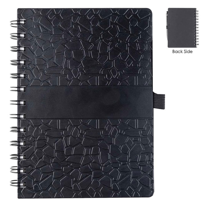 A black spiral-bound notebook featuring a textured cover and an elastic band for closure. The back side is visible.