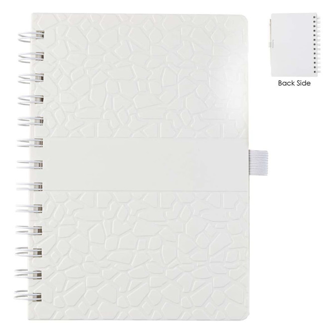 A white La Trobe Stone Paper Notebook with a textured cover and a grey elastic band, featuring a spiral binding.
