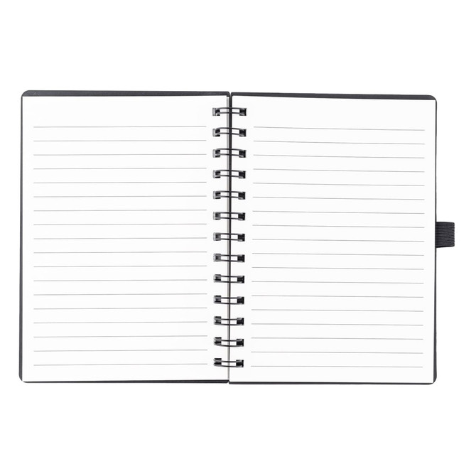 A spiral-bound notebook with a black cover and blank lined pages inside. It features a bookmark and has no printed text.
