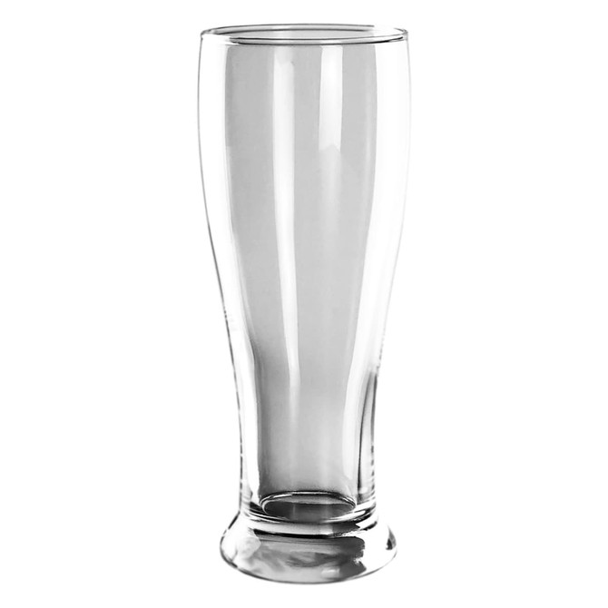 A clear, tall beer glass with a smooth finish and a subtle flared shape at the top. It has a sturdy base.