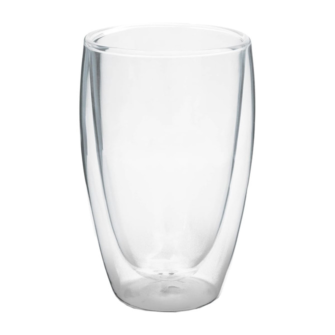A double wall glass in clear glass, designed for beverages, with a sleek, modern shape.