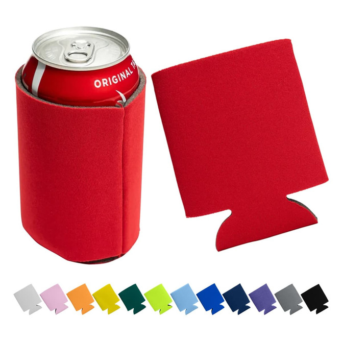 A red foam stubby cooler with a can partially inserted, next to a flat version for display. Available in various colours.