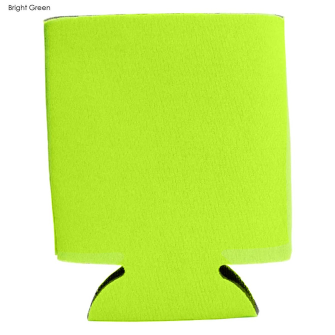 A bright green foam stubby holder with a cut-out base and a simple design, featuring a logo.