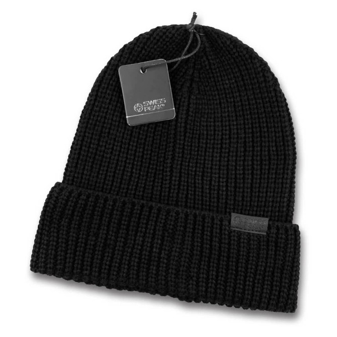 A black knitted beanie with a fold-over cuff and a branded tag.