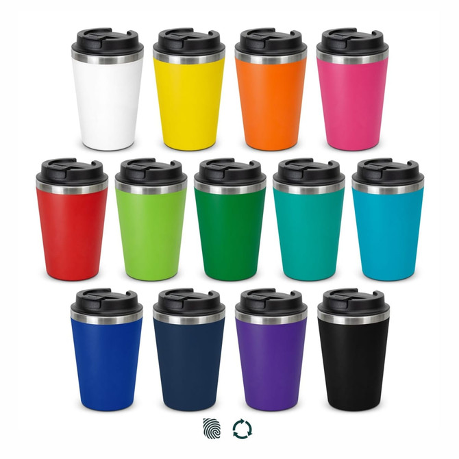 A collection of reusable coffee cups in various colours including white, yellow, pink, red, green, blue, navy, purple, and black, each with a lid and a stainless steel band.