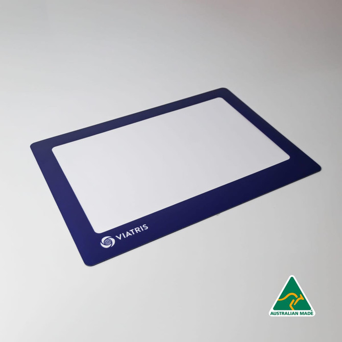 A blue Deluxe Counter Mat featuring a white space and a logo, designed for office use.