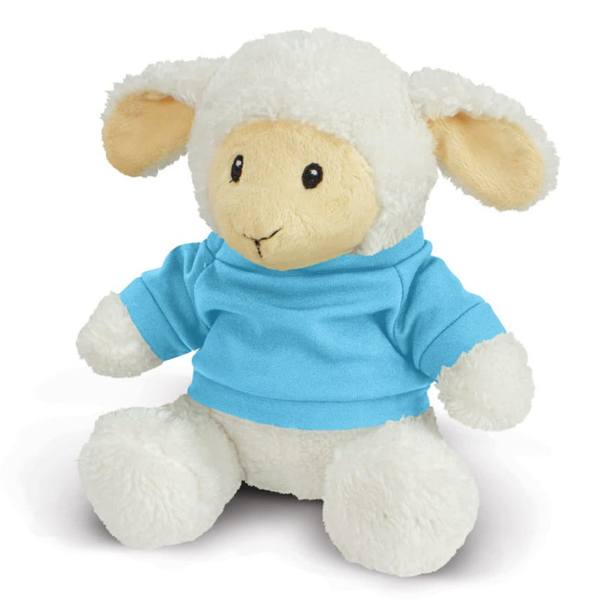 A lamb plush toy with a cream body and a blue shirt, featuring soft ears and a friendly expression.