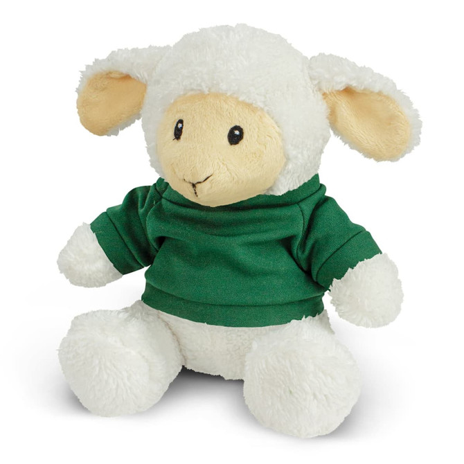 A plush lamb toy with a fluffy white body and fuzzy ears, dressed in a green top. It has a cheerful expression.