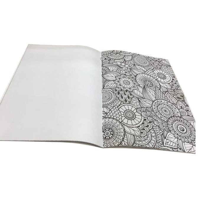 An open A4 colouring book featuring intricate black and white floral patterns on one page, with a blank page on the other.