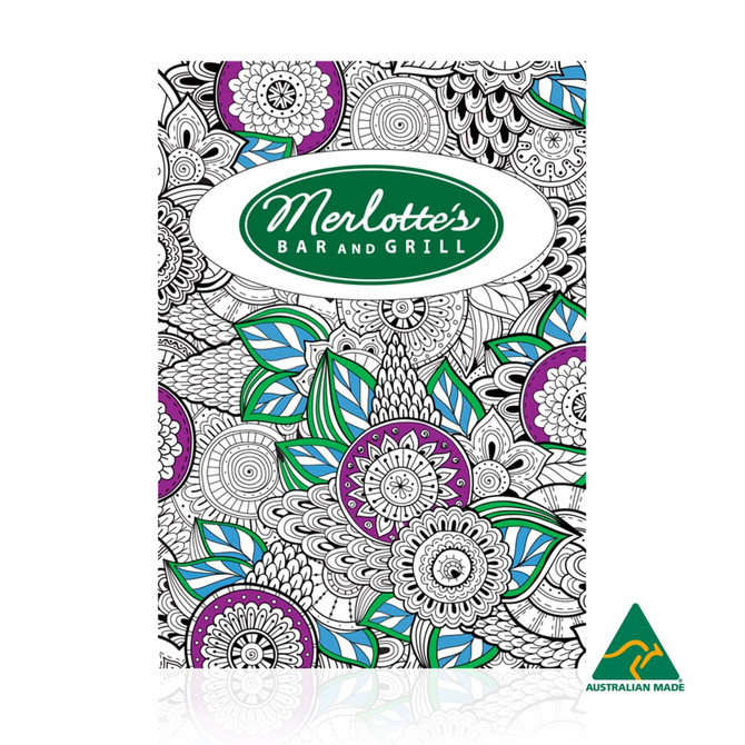 A4 colouring book featuring intricate floral and abstract designs in purple and green, with a logo and Australian made badge.