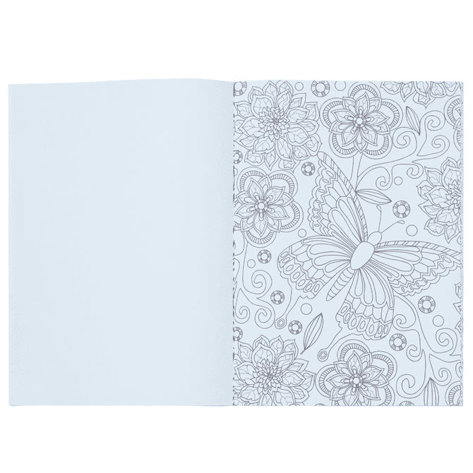 A5 colouring book featuring intricate floral and butterfly designs in black and white on a blank background.