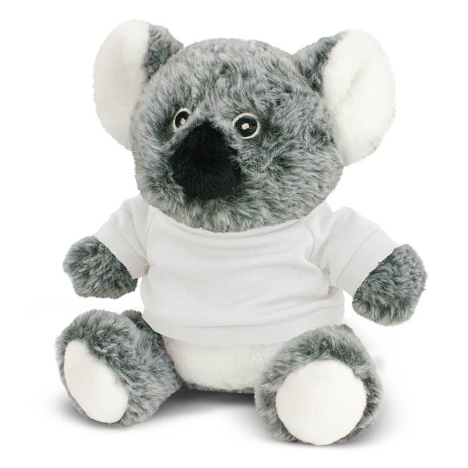 A grey koala plush toy with white accents, wearing a plain white shirt. It has large eyes and a friendly expression.