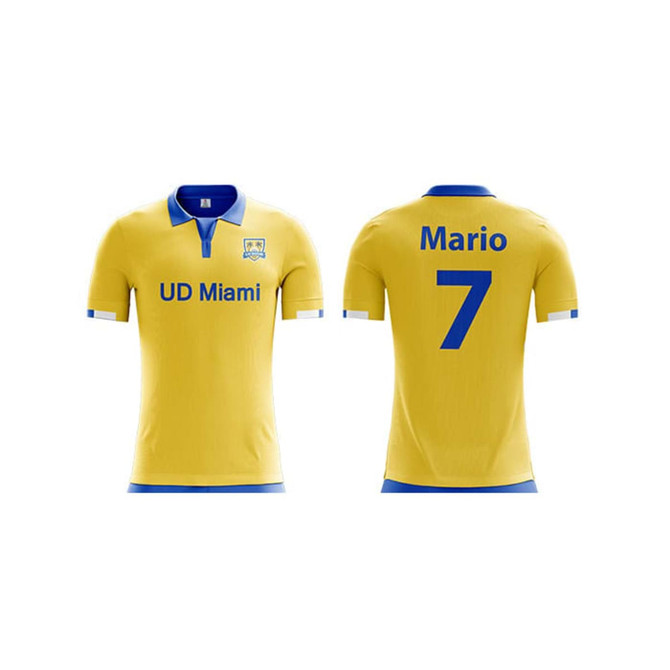 A yellow soccer jersey with blue accents, featuring a logo and player name "Mario" on the back. A yellow soccer jersey with blue accents, featuring a logo and player name "Mario" on the back.