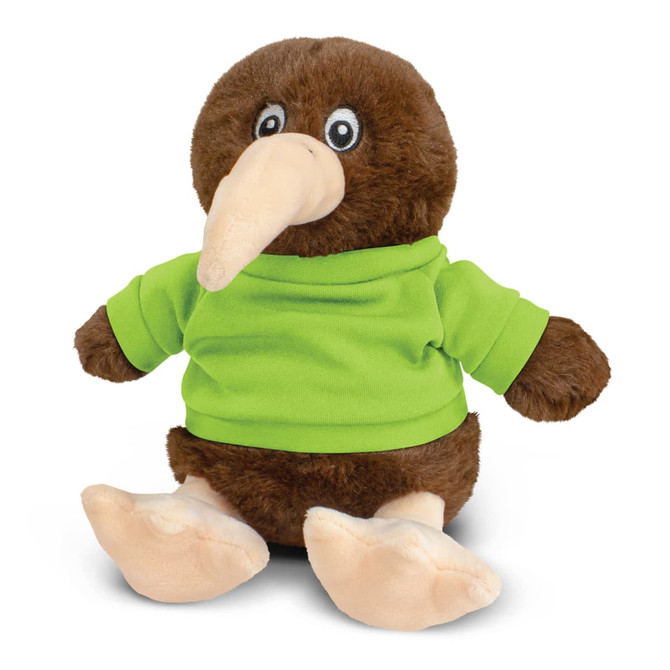 A brown kiwi plush toy wearing a green shirt, featuring a large beak and round eyes, with soft beige feet.