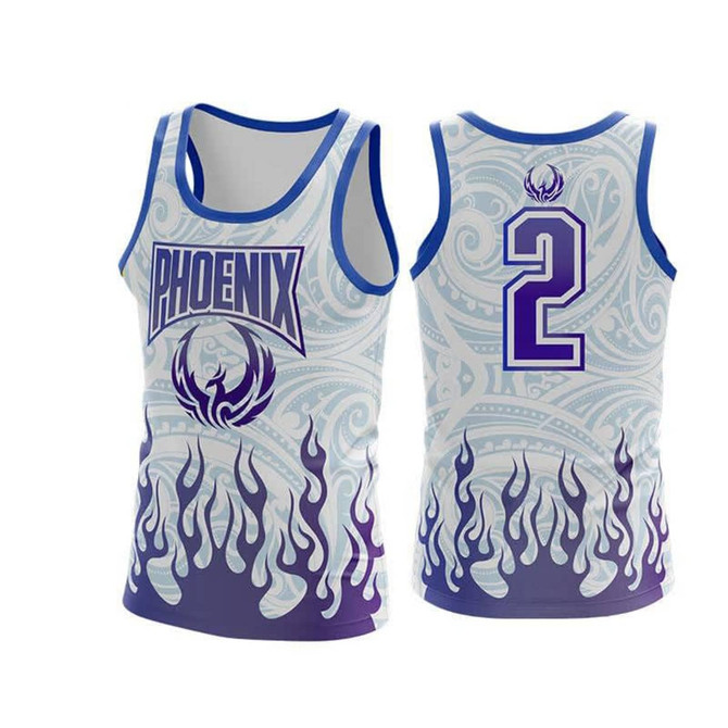A sports singlet featuring a blue and white design with flame graphics and a logo, displaying the number 2 on the back. A sports singlet featuring a blue and white design with flame graphics and a logo, displaying the number 2 on the back.
