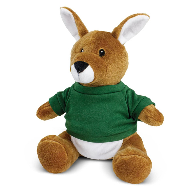 A brown kangaroo plush toy wearing a green shirt, featuring white belly and ears, with a friendly expression.