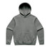 A grey hoodie with a front pocket and a hood. The garment has a simple design and features a logo.