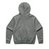A grey hoodie with a hood and ribbed cuffs, featuring a plain design and a logo on the back.