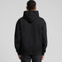 A black hoodie with a large hood, featuring a simple design and a visible logo on the back.