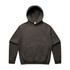A dark grey hoodie with a front pocket and a drawstring hood. It features a logo on the lower side.