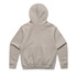 A back view of a light grey hoodie with a fitted waist and a hood, featuring a simple design and a logo.