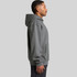 A grey hoodie with a front pocket and a hood, featuring a logo on the front.