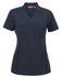 A navy scrub top with a nu mandarin collar and short sleeves, featuring two front pockets and a logo.