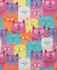 A vibrant print featuring colourful cartoon cat faces in various shades of pink, orange, yellow, green, and purple.