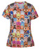 A colourful scrub top featuring a vibrant array of animal faces in various styles and accessories, with a logo.
