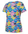 A printed scrub top featuring a vibrant design with various smiling cartoon faces in blue, pink, and yellow.