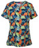 A ladies' scrub top featuring a colourful dinosaur print in blue, orange, green, and pink with a v-neck design.