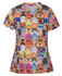 A multicoloured scrub top featuring playful animal faces in various designs and a logo on the label.