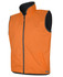 An orange reversible vest featuring a high collar, zip closure, and pockets, with a black lining.