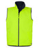 A high-visibility vest featuring a reversible design, in bright yellow with a navy interior. It has a front zip and pockets.