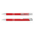 A metal pen in bright red with silver accents, featuring a logo on its body.