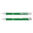 A green metal pen with silver accents, featuring a sleek design and a logo on its surface.