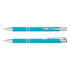 A turquoise metal pen with silver accents, displayed from multiple angles. The pen features a clip and decorative lines.
