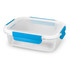 A transparent lunch box with a white lid and blue clips, suitable for food storage.