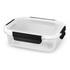 A rectangular glass lunch box with a white lid and black clips, featuring a transparent body.