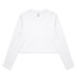 A white long-sleeve cropped tee with a minimalist design and a logo present.