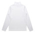 A white turtle neck jumper featuring long sleeves and a high collar. It has a simple design and includes a logo.