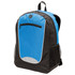 A blue and black backpack featuring a front pocket and mesh side pockets, with a logo on the front.