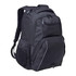 A black laptop backpack featuring multiple compartments and a mesh side pocket. It has a logo on the front.