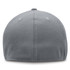 A grey cap with a smooth fabric finish and a rounded back, featuring stitching details and a logo.