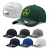 A collection of caps in green, black, grey, blue, and white, featuring a logo on the front.