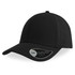 A black cap with a curved visor and a logo on the side.